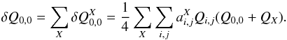 Mathematical equation: \begin{equation} \delta Q_{0,0} = \sum_X \delta Q^X_{0,0} = \frac{1}{4}\sum_X \sum_{i,j} a^X_{i,j} Q_{i,j} (Q_{0,0} + Q_X). \label{eq:scrambling_model} \end{equation}