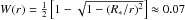 Mathematical equation: \hbox{$W(r)=\frac{1}{2}\left[1-\sqrt{1-(R_*/r)^2}\right]\approx 0.07$}