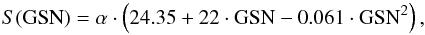 Mathematical equation: \begin{equation} S({\rm GSN})=\alpha \cdot \left(24.35+22 \cdot {\rm GSN}-0.061 \cdot {\rm GSN}^2\right), \end{equation}