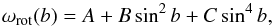Mathematical equation: \begin{equation} \omega_{\rm rot}(b)=A + B\sin^2{b} + C\sin^{4}{b}, \label{Eq_difrot_profile} \end{equation}