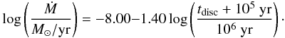 Mathematical equation: \appendix \setcounter{section}{1} \begin{eqnarray} \label{eq:harttimenew} \log \left( \frac{\dot{M}}{M_\odot /\text{yr}} \right) = -8.00{-}1.40 \log \left( \frac{t_{\rm disc}+10^5\text{ yr}}{10^6 \text{ yr}} \right) \cdot \end{eqnarray}