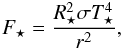 Mathematical equation: \begin{eqnarray} \label{eq:luminosity} F_\star = \frac{R_\star^2 \sigma T_\star^4}{r^2} , \end{eqnarray}