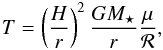 Mathematical equation: \begin{eqnarray} T = \left( \frac{H}{r} \right)^2 \frac{G M_\star}{r} \frac{\mu}{\cal R} , \end{eqnarray}