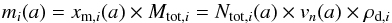 Mathematical equation: \begin{equation} \label{eq10} m_i(a) = x_{{\rm m},i}(a)\times M_{{\rm tot},i} = N_{{\rm tot},i}(a) \times {v_n(a) \times \rho_{{\rm d},i}} \end{equation}