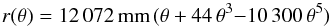 Mathematical equation: \begin{equation} \label{eq:distort} r(\theta) = 12\,072\,{\rm mm} \, (\theta + 44 \,\theta^3 {-} 10\,300 \,\theta^5) \end{equation}