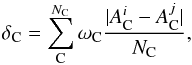 Mathematical equation: \begin{eqnarray} \delta_{\rm C} = \sum_{\rm C}^{N_{\rm C}} \omega_{\rm C} \frac{|A_{\rm C}^{i}-A_{\rm C}^{j}|}{N_{\rm C}}, \label{ct} \end{eqnarray}