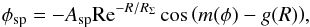 Mathematical equation: \begin{eqnarray} \phi_{\rm sp}= -A_{\rm sp}{\rm Re}^{-R/R_{\Sigma}}\cos{\left(m(\phi)-g(R) \right) }, \label{speq} \end{eqnarray}