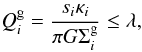 Mathematical equation: $$ Q_{i}^{\rm g} = \frac{s_{i}\kappa_{i}}{\pi G \Sigma_{i}^{\rm g}} \leq \lambda, $$