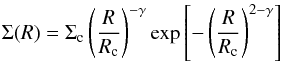 Mathematical equation: \begin{equation} \Sigma(R) = \Sigma_{\rm c} \left( \frac{R}{R_{\rm c}} \right)^{-\gamma} \exp\left[-\left( \frac{R}{R_{\rm c}} \right)^{2-\gamma} \right] \end{equation}