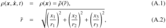 Mathematical equation: \appendix \setcounter{section}{1} \begin{eqnarray} \rho({\vec x}, \vec{\dot{x}}, t) &= & \rho({\vec x}) = \tilde \rho(\tilde r), \\ \tilde r &=& \sqrt{\left(\frac {x_1} {r_1}\right)^2+\left(\frac {x_2}{r_2}\right)^2+\left(\frac {x_3}{r_3}\right)^2}, \end{eqnarray}
