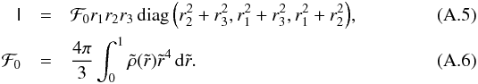 Mathematical equation: \appendix \setcounter{section}{1} \begin{eqnarray} \tens I&= & \mathcal F_0 r_1r_2r_3\mathop{\mathrm{diag}}\Big(r_2^2+r_3^2,r_1^2+r_3^2,r_1^2+r_2^2\Big),\\ \mathcal F_0&=&\frac{4\pi}3 \int_0^1 \tilde\rho(\tilde r)\tilde r^4\,\mathrm d\tilde r. \end{eqnarray}