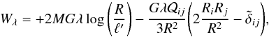 Mathematical equation: \appendix \setcounter{section}{1} \begin{eqnarray} \label{eq:W-tidal-linear} W_\lambda=+2MG\lambda\log\Bigg(\frac R{\ell'}\Bigg)-\frac{G\lambda\mathcal Q_{ij}}{3R^2}\Bigg(2\frac{R_iR_j}{R^2}-\tilde\delta_{ij}\Bigg), \end{eqnarray}