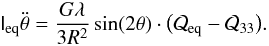 Mathematical equation: \appendix \setcounter{section}{1} \begin{eqnarray} \label{eq:lambda-oscillations-theta} \tens I_\mathrm{eq}\ddot\theta=\frac{G\lambda}{3R^2}\sin(2\theta)\cdot\big(\mathcal Q_\mathrm{eq}-\mathcal Q_{33}\big). \end{eqnarray}