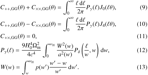 Mathematical equation: \begin{eqnarray} && C_{++,\mathrm{GG}}(\theta)+C_{\times\times,\mathrm{GG}}(\theta)=\int_0^\infty\frac{\ell\,\mathrm d\ell}{2\pi}P_\gamma(\ell)J_0(\ell\theta),\\ &&C_{++,\mathrm{GG}}(\theta)-C_{\times\times,\mathrm{GG}}(\theta)=\int_0^\infty\frac{\ell\,\mathrm d\ell}{2\pi}P_\gamma(\ell)J_4(\ell\theta),\\ &&C_{+\times,\mathrm{GG}}(\theta)=0,\\ &&P_\gamma(\ell) = \frac{9H_0^4\Omega^2_{\mathrm m}}{4c^4}\int_0^{w_\mathrm H}\frac{W^2(w)}{a^2(w)} P_\delta\left(\frac \ell w,w\right)\,\mathrm dw,\\ &&W(w)=\int_w^{w_\mathrm H} p(w')\frac{w'-w}{w'}\,\mathrm dw'. \end{eqnarray}