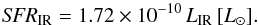 Mathematical equation: \begin{equation} {\it SFR}_{\rm IR} = 1.72\times10^{-10}\,L_{\rm IR}\,[L_\odot]. \end{equation}