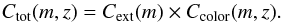 Mathematical equation: \begin{equation} C_{\rm tot}(m,z) = C_{\rm{ext}}(m)\times C_{\rm color}(m,z). \label{eq.completeness} \end{equation}