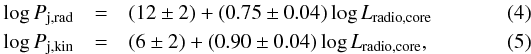 Mathematical equation: \begin{eqnarray} \log P_{\rm j,rad} &=& (12 \pm 2) + (0.75 \pm 0.04)\log L_{\rm radio, core} \\ \log P_{\rm j,kin} &=& (6 \pm 2) + (0.90 \pm 0.04)\log L_{\rm radio, core}, \end{eqnarray}