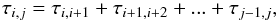 Mathematical equation: \appendix \setcounter{section}{1} \begin{eqnarray*} \tau_{i,j}=\tau_{i,i+1}+\tau_{i+1,i+2}+...+\tau_{j-1,j}, \end{eqnarray*}