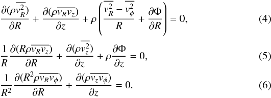 Mathematical equation: \begin{align} &\frac{\partial (\rho \overline{v_R^2})}{\partial R} + \frac{\partial (\rho \overline{v_R v_z})}{\partial z} + \rho \left(\frac{\overline{v_R^2}-\overline{v_{\phi}^2}}{R} + \frac{\partial \Phi}{\partial R}\right) = 0, \label{Jeans1} \\ &\frac{1}{R} \frac{\partial (R \rho \overline{v_R v_z})}{\partial R} + \frac{\partial (\rho \overline{v_z^2})}{\partial z} + \rho \frac{\partial \Phi}{\partial z} = 0, \label{Jeans2} \\ &\frac{1}{R^2} \frac{\partial (R^2 \rho \overline{v_R v_{\phi}})}{\partial R} + \frac{\partial (\rho \overline{v_z v_{\phi}})}{\partial z} = 0. \label{Jeans3} \end{align}
