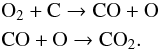 Mathematical equation: \begin{eqnarray*} &&\rm O_2 + C \rightarrow CO + O \\ &&\rm CO + O \rightarrow CO_2. \end{eqnarray*}