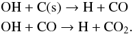 Mathematical equation: \begin{eqnarray*} &&\rm OH + C(s) \rightarrow H + CO\\ &&\rm OH + CO \rightarrow H + CO_2. \end{eqnarray*}