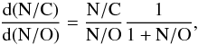 Mathematical equation: \begin{equation} \frac{\rm d(N/C)}{\rm d(N/O)}=\frac{\rm N/C}{\rm N/O}\frac{1}{\rm 1+N/O} , \end{equation}