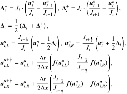 Mathematical equation: \begin{eqnarray} &&\mathbf{\Delta}_i^- = J_i\cdot\left(\frac{{\vec u}^n_i}{J_i} - \frac{{\vec u}^n_{i-1}}{J_{i-1}}\right), \;\mathbf{\Delta}_i^+ = J_i\cdot\left(\frac{{\vec u}^n_{i+1}}{J_{i+1}} - \frac{{\vec u}^n_{i}}{J_i}\right),\nonumber\\ &&\mathbf{\Delta}_i = \frac{1}{2}\left(\mathbf{\Delta}_i^- + \mathbf{\Delta}_i^+\right),\nonumber\\ &&{\vec u}^n_{i,L} = \frac{J_{i-\frac{1}{2}}}{J_i}\left({\vec u}_i^n - \frac{1}{2}\mathbf{\Delta}_i\right),\; {\vec u}^n_{i,R} = \frac{J_{i+\frac{1}{2}}}{J_i}\left({\vec u}_i^n + \frac{1}{2}\mathbf{\Delta}_i\right),\\ &&{\vec u}^{n+\frac{1}{2}}_{i,L} = {\vec u}^n_{i,L} + \frac{\Delta t}{2 \Delta x}\left( {\vec f}({\vec u}^n_{i,L}) - \frac{J_{i-\frac{1}{2}}}{J_{i+\frac{1}{2}}}\,{\vec f}({\vec u}^n_{i,R}) \right),\nonumber\\ &&{\vec u}^{n+\frac{1}{2}}_{i,R} = {\vec u}^n_{i,R} + \frac{\Delta t}{2 \Delta x}\left( \frac{J_{i+\frac{1}{2}}}{J_{i-\frac{1}{2}}}\,{\vec f}({\vec u}^n_{i,L}) - {\vec f}({\vec u}^n_{i,R}) \right), \nonumber \label{eqn:SLIC_curvi} \end{eqnarray}