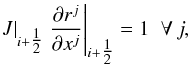 Mathematical equation: \begin{eqnarray} \left.J\right|_{i+\tfrac{1}{2}} \left.\frac{\partial r^j}{\partial x^j}\right|_{i+\tfrac{1}{2}} = 1\;\;\forall\,j, \label{eqn:Jacobian_av} \end{eqnarray}