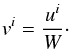 Mathematical equation: \begin{eqnarray} v^i = \frac{u^i}{W}\cdot \label{eqn:EulervfromProperu} \end{eqnarray}