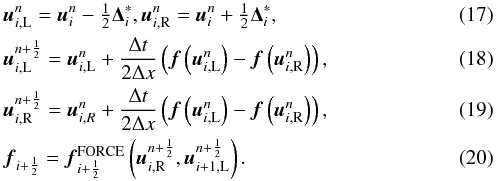 Mathematical equation: \begin{eqnarray} &&{\vec u}^n_{i,{\rm L}} = {\vec u}_i^n - \tfrac{1}{2}\mathbf{\Delta}^*_i, {\vec u}^n_{i,{\rm R}} = {\vec u}_i^n + \tfrac{1}{2}\mathbf{\Delta}^*_i\label{eqn:SLIC_linear},\\ &&{\vec u}^{n+\frac{1}{2}}_{i,{\rm L}} = {\vec u}^n_{i,{\rm L}} + \frac{\Delta t}{2 \Delta x}\left( {\vec f}\left({\vec u}^n_{i,{\rm L}}\right) - {\vec f}\left({\vec u}^n_{i,{\rm R}}\right) \right)\label{eqn:SLIC_reconL},\\ && {\vec u}^{n+\frac{1}{2}}_{i,{\rm R}} = {\vec u}^n_{i,R} + \frac{\Delta t}{2 \Delta x}\left({\vec f} \left({\vec u}^n_{i,{\rm L}}\right) - {\vec f}\left({\vec u}^n_{i,{\rm R}}\right) \right)\label{eqn:SLIC_reconR},\\ &&{\vec f}_{i+\frac{1}{2}} = {\vec f}_{i+\frac{1}{2}}^\text{FORCE}\left(\mathbf{\vec u}^{n+\frac{1}{2}}_{i,{\rm R}}, {\vec u}^{n+\frac{1}{2}}_{i+1,{\rm L}}\right). \label{eqn:SLIC} \end{eqnarray}