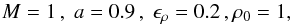 Mathematical equation: \begin{equation} M=1\,,\;a=0.9\,,\;\epsilon_\rho=0.2\,,\rho_0=1, \end{equation}