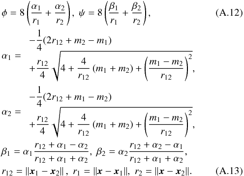 Mathematical equation: \appendix \setcounter{section}{1} \begin{eqnarray} && \phi=8\left( \frac{\alpha_1}{r_1} + \frac{\alpha_2}{r_2} \right) ,\;\psi=8\left( \frac{\beta_1}{r_1} + \frac{\beta_2}{r_2} \right), \\ && \alpha_1 = \begin{array}{l} \displaystyle -\frac{1}{4}(2r_{12}+m_2-m_1)\\ \displaystyle + \frac{r_{12}}{4}\sqrt{4+\frac{4}{r_{12}}\,(m_1+m_2) + \left( \frac{m_1-m_2}{r_{12}} \right )^2 }, \end{array} \nonumber \\ && \alpha_2 = \begin{array}{l} \displaystyle -\frac{1}{4}(2r_{12}+m_1-m_2)\\ \displaystyle + \frac{r_{12}}{4}\sqrt{4+\frac{4}{r_{12}}\,(m_1+m_2) + \left( \frac{m_1-m_2}{r_{12}} \right )^2}, \end{array}\nonumber \\ && \beta_1 = \alpha_1\frac{r_{12} + \alpha_1 - \alpha_2 }{r_{12}+\alpha_1+\alpha_2},\; \beta_2=\alpha_2\frac{r_{12} + \alpha_2 - \alpha_1 }{r_{12}+\alpha_1+\alpha_2},\nonumber \\ && r_{12} = \lVert\vec{x}_1-\vec{x}_2\rVert\,,\;r_{1}=\lVert\vec{x}-\vec{x}_1\rVert,\; r_{2}=\lVert\vec{x}-\vec{x}_2\rVert. \label{eqn:BrillLindquist} \end{eqnarray}