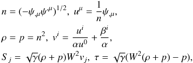 Mathematical equation: \begin{eqnarray} && n = ( - \psi_{,\mu}\psi^{,\mu} )^{1/2},\;u^\mu = \frac{1}{n}\psi_{,\mu} , \nonumber \\ && \rho = p = n^2,\;v^i = \frac{u^i}{\alpha u^0} + \frac{\beta^i}{\alpha} , \\ && S_j = \sqrt{\gamma}(\rho + p)W^2v_j,\;\tau = \sqrt{\gamma}( W^2(\rho+p) - p) , \nonumber \end{eqnarray}