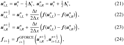 Mathematical equation: \begin{eqnarray} &&\vec{u}^n_{i,L} = \vec{u}_i^n - \tfrac{1}{2}\mathbf{\Delta}^*_i ,\;\vec{u}^n_{i,R} = \vec{u}_i^n + \tfrac{1}{2}\mathbf{\Delta}^*_i\label{eqn:SLIC_linear} , \\ &&\vec{u}^{n+\frac{1}{2}}_{i,L} = \vec{u}^n_{i,L} + \frac{\Delta t}{2 \Delta x}\left( \vec{f}(\vec{u}^n_{i,L}) - \vec{f}(\vec{u}^n_{i,R}) \right)\label{eqn:SLIC_reconL} , \\ &&\vec{u}^{n+\frac{1}{2}}_{i,R} = \vec{u}^n_{i,R} + \frac{\Delta t}{2 \Delta x}\left( \vec{f}(\vec{u}^n_{i,L}) - \vec{f}(\vec{u}^n_{i,R}) \right)\label{eqn:SLIC_reconR} , \\ &&\vec{f}_{i+\frac{1}{2}} = \vec{f}_{i+\frac{1}{2}}^\text{GFORCE}\left(\vec{u}^{n+\frac{1}{2}}_{i,R}, \vec{u}^{n+\frac{1}{2}}_{i+1,L}\right), \label{eqn:SLIC} \end{eqnarray}