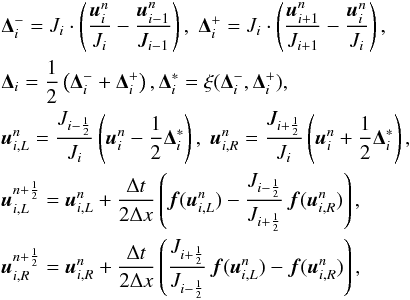 Mathematical equation: \begin{eqnarray} &&\mathbf{\Delta}_i^- = J_i\cdot\left(\frac{\vec{u}^n_i}{J_i} - \frac{\vec{u}^n_{i-1}}{J_{i-1}}\right), \;\mathbf{\Delta}_i^+ = J_i\cdot\left(\frac{\vec{u}^n_{i+1}}{J_{i+1}} - \frac{\vec{u}^n_{i}}{J_i}\right), \nonumber \\ &&\mathbf{\Delta}_i = \frac{1}{2}\left(\mathbf{\Delta}_i^- + \mathbf{\Delta}_i^+\right) , \mathbf{\Delta}^*_i=\xi(\mathbf{\Delta}_i^-, \mathbf{\Delta}_i^+), \nonumber \\ &&\vec{u}^n_{i,L} = \frac{J_{i-\frac{1}{2}}}{J_i}\left(\vec{u}_i^n - \frac{1}{2}\mathbf{\Delta}^*_i\right),\; \vec{u}^n_{i,R} = \frac{J_{i+\frac{1}{2}}}{J_i}\left(\vec{u}_i^n + \frac{1}{2}\mathbf{\Delta}^*_i\right) , \nonumber \\ &&\vec{u}^{n+\frac{1}{2}}_{i,L} = \vec{u}^n_{i,L} + \frac{\Delta t}{2 \Delta x}\left( \vec{f}(\vec{u}^n_{i,L}) - \frac{J_{i-\frac{1}{2}}}{J_{i+\frac{1}{2}}}\,\vec{f}(\vec{u}^n_{i,R}) \right),\nonumber \\ &&\vec{u}^{n+\frac{1}{2}}_{i,R} = \vec{u}^n_{i,R} + \frac{\Delta t}{2 \Delta x}\left( \frac{J_{i+\frac{1}{2}}}{J_{i-\frac{1}{2}}}\,\vec{f}(\vec{u}^n_{i,L}) - \vec{f}(\vec{u}^n_{i,R}) \right), \label{eqn:SLIC_curvi} \end{eqnarray}