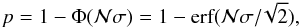 Mathematical equation: \begin{eqnarray} p = 1 - \Phi ({\cal N} \sigma) = 1 - \text{erf} ({\cal N} \sigma/\!\sqrt{2}), \label{eq:p-value} \end{eqnarray}