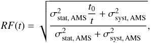 Mathematical equation: \begin{eqnarray} RF(t) = \sqrt{\frac{\sigma_{\rm stat, \, AMS}^2 {\displaystyle \frac{t_0}{t}} + \sigma_{\rm syst, \, AMS}^2}{\sigma_{\rm stat, \, AMS}^2 + \sigma_{\rm syst, \, AMS}^2}}, \end{eqnarray}