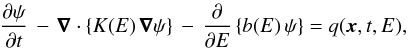Mathematical equation: \begin{eqnarray} \frac{\partial \psi}{\partial t} \, - \, \pmb{\nabla} \cdot \left\{ K(E) \, \pmb{\nabla} \psi \right\} \, - \, \frac{\partial}{\partial E} \left\{ b(E) \, \psi \right\} = q(\vec{x} , t , E) , \label{eq:CR_prop_1} \end{eqnarray}