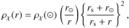 Mathematical equation: \begin{eqnarray} \rho_{\chi}(r) = \rho_{\chi}(\odot) \, \left( \frac{r_{\odot}}{r} \right) \left\{ \frac{r_{\rm s} + r_{\odot}}{r_{\rm s} + r} \right\}^{2} , \end{eqnarray}