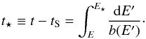 Mathematical equation: \begin{eqnarray} t_{\star} \equiv t - t_{\rm S} = {\displaystyle \int_{E}^{E_{\star}}} \frac{{\rm d}E'}{b(E')} \cdot \label{eq:age_E_star} \end{eqnarray}