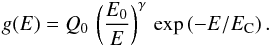 Mathematical equation: \begin{eqnarray} g(E) = Q_{0} \, \left( \frac{E_{0}}{E} \right)^{\gamma} \, \exp\left(- {E}/{E_{\rm C}}\right) . \label{eq:PSR_injection_spectrum} \end{eqnarray}