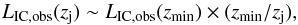 Mathematical equation: \begin{equation} L_{\rm IC,obs}(z_{\rm j})\sim L_{\rm IC,obs}(z_{\rm min})\times (z_{\rm min}/z_{\rm j}), \end{equation}