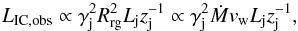 Mathematical equation: \begin{equation} L_{\rm IC,obs}\propto \gamma_{\rm j}^2R_{\rm rg}^2L_{\rm j}z_{\rm j}^{-1}\propto \gamma_{\rm j}^2\dot{M}v_{\rm w}L_{\rm j}z_{\rm j}^{-1}, \end{equation}
