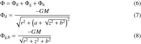Mathematical equation: \begin{eqnarray} &&\Phi = \Phi_{\rm d} + \Phi_{\rm g} +\Phi_{\rm h} \\ &&\Phi_{\rm{d}} = \frac{-GM}{\sqrt{r^2 + \left(a + \sqrt{z^2 + b^2}\right)^2}} \\ &&\Phi_{\rm{g,h}} = \frac{-GM}{\sqrt{r^2 + z^2 + b^2}} \end{eqnarray}