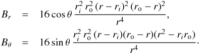 Mathematical equation: \begin{eqnarray} B_r &=& 16 \cos\theta \, \frac{r_i^2 \,r_{\rm o}^2 \,(r-r_i)^2 \, (r_{\rm o}-r)^2} {r^4}, \nonumber \\ B_\theta &=& 16 \sin\theta \, \frac{r_i^2 \, r_{\rm o}^2 \, (r-r_i)(r_{\rm o}-r)(r^2-r_i r_{\rm o})}{r^4}\cdot \label{eq:initbdipconf} \end{eqnarray}