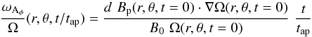Mathematical equation: \begin{eqnarray*} \frac{\omega_{\rm A_\phi}}{\Omega}(r,\theta,t/t_{\rm ap})= \frac{d \,\, B_{\rm p}(r,\theta,t=0) \cdot \nabla\Omega(r,\theta,t=0)}{B_0 \,\, \Omega(r,\theta,t=0)} \,\, \frac{t}{t_{\rm ap}} \end{eqnarray*}