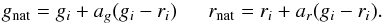 Mathematical equation: \appendix \setcounter{section}{1} \begin{eqnarray} g_{\rm nat} = g_i +a_g(g_i-r_i)~~~~~~r_{\rm nat} = r_i +a_r(g_i-r_i). \end{eqnarray}
