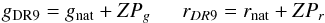 Mathematical equation: \appendix \setcounter{section}{1} \begin{eqnarray} g_{\rm DR9} = g_{\rm nat} + ZP_g~~~~~~r_{DR9} = r_{\rm nat} + ZP_r \end{eqnarray}