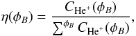 Mathematical equation: \begin{eqnarray} \label{eta} {\eta(\phi_B)} = \frac{C_{\rm{He}^+}(\phi_B)}{\sum^{\phi_B}{} C_{\rm{He}^+}(\phi_B)}, \end{eqnarray}