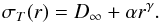 Mathematical equation: \begin{equation} \label{eq:empir_distrib3} \sigma_T(r) = D_\infty + \alpha r^{\gamma}. \end{equation}